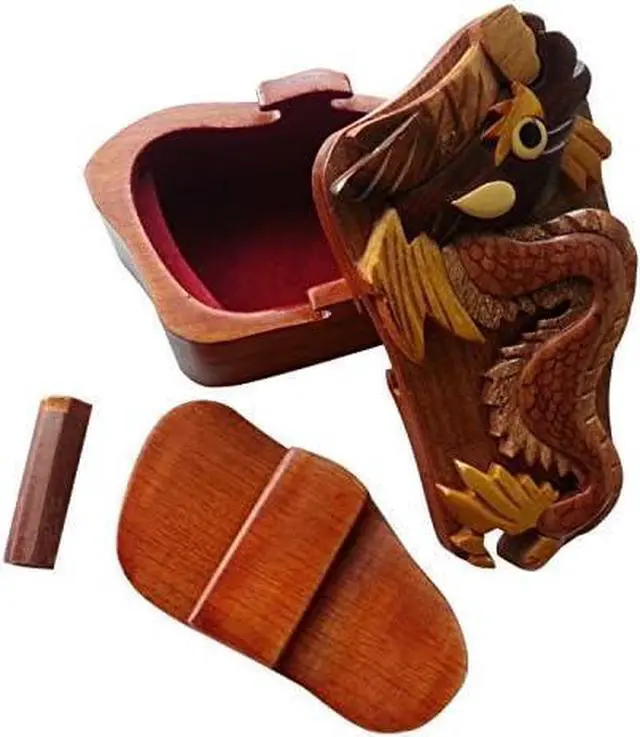 Alt view image 2 of 2 - Dragon, Handmade Wooden Puzzle Box with Secret Compartment, All-Natural Intarsia Wood Art
