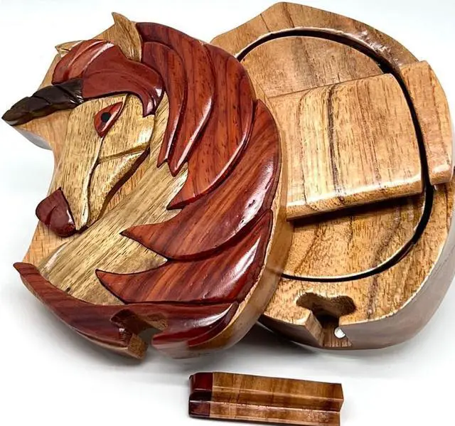 Alt view image 2 of 3 - Unicorn - All Natural Wood Intarsia Puzzle Box - Handcrafted with Secret Compartment