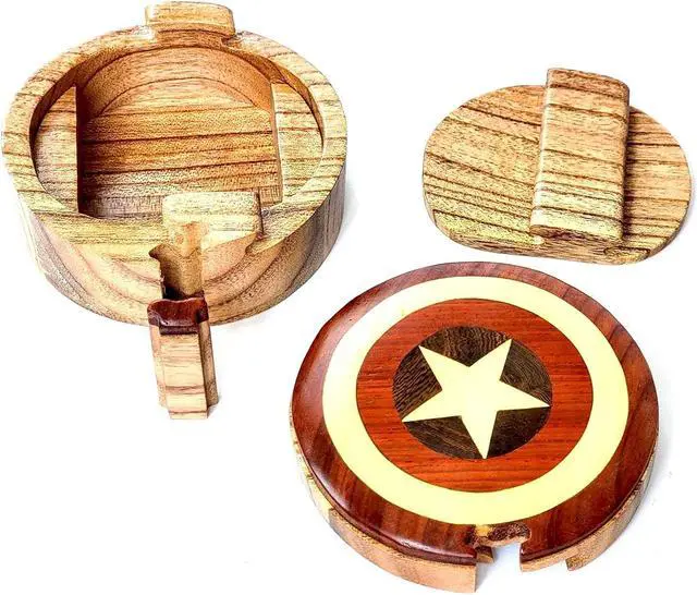 Alt view image 2 of 3 - Captain America - Handcrafted Wooden Intarsia Puzzle Box - All Natural Wood Art