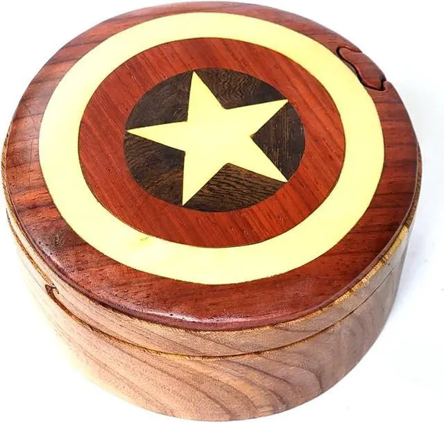 Alt view image 3 of 3 - Captain America - Handcrafted Wooden Intarsia Puzzle Box - All Natural Wood Art
