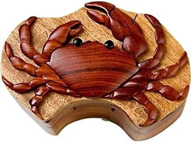 Main image of Crab - Handcrafted Wood Intarsia Puzzle Box - All Natural Exotic Woods with Secret Compartment