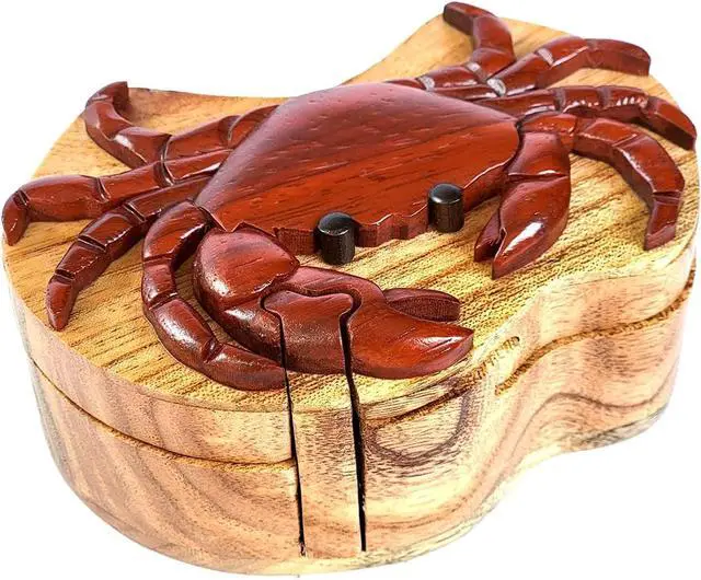Alt view image 2 of 3 - Crab - Handcrafted Wood Intarsia Puzzle Box - All Natural Exotic Woods with Secret Compartment