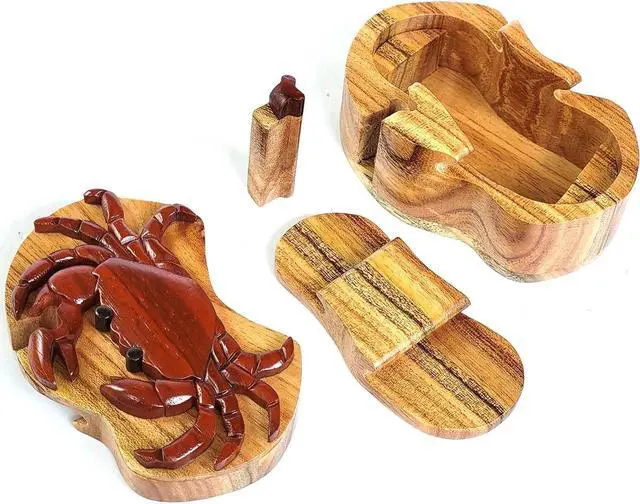 Alt view image 3 of 3 - Crab - Handcrafted Wood Intarsia Puzzle Box - All Natural Exotic Woods with Secret Compartment