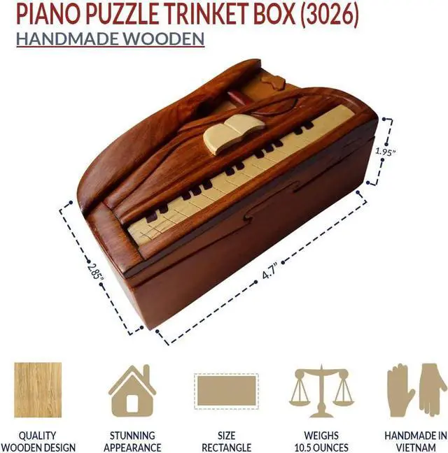 Alt view image 4 of 4 - Piano, Handmade Wooden Puzzle Box with Secret Compartment, All-Natural Intarsia Wood Art