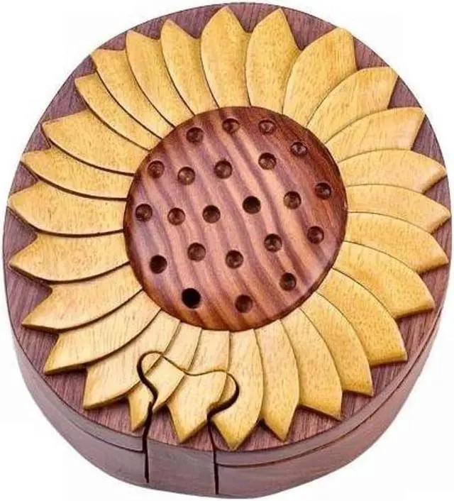 Main image of Sun Flower - Handcrafted Wooden Intarsia Puzzle Box - All Natural Wood Art