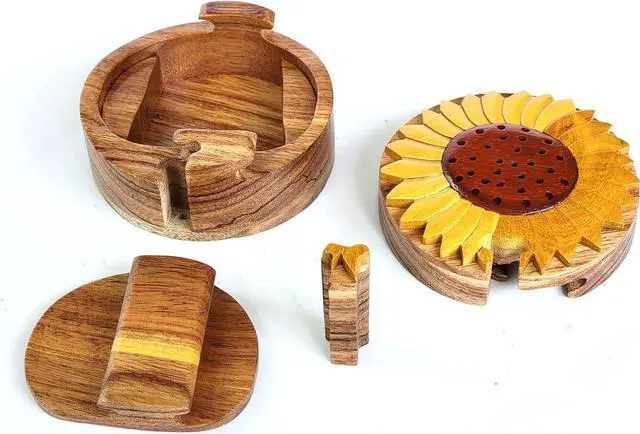 Alt view image 2 of 3 - Sun Flower - Handcrafted Wooden Intarsia Puzzle Box - All Natural Wood Art