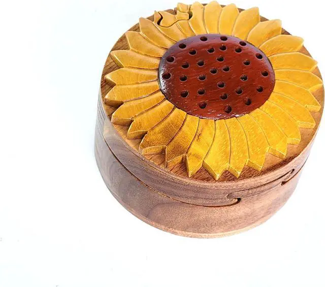 Alt view image 3 of 3 - Sun Flower - Handcrafted Wooden Intarsia Puzzle Box - All Natural Wood Art