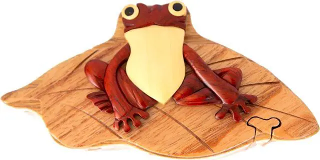 Main image of Frog on Lily Pad - Handcrafted Wood Intarsia Puzzle Box - All Natural Exotic Woods with Secret Compartment