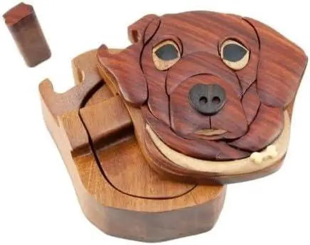 Alt view image 2 of 3 - Dog, Handmade Wooden Puzzle Box with Secret Compartment, All-Natural Intarsia Wood Art