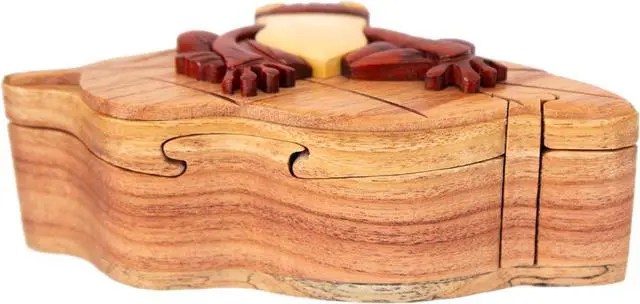 Alt view image 3 of 3 - Frog on Lily Pad - Handcrafted Wood Intarsia Puzzle Box - All Natural Exotic Woods with Secret Compartment