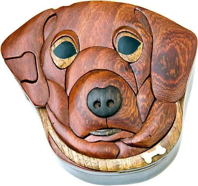 Main image of Dog, Handmade Wooden Puzzle Box with Secret Compartment, All-Natural Intarsia Wood Art