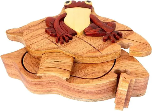 Alt view image 2 of 3 - Frog on Lily Pad - Handcrafted Wood Intarsia Puzzle Box - All Natural Exotic Woods with Secret Compartment