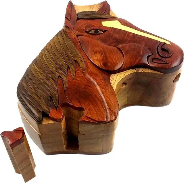 Alt view image 2 of 3 - HorseHead - Handcrafted Wood Intarsia Puzzle Box - All Natural Exotic Woods with Secret Compartment