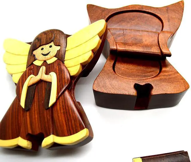 Alt view image 4 of 4 - Angel Wooden Puzzle Box - Handcrafted with Secret Compartment - All Natural Intarsia Wood Art