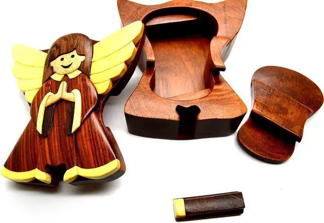 Alt view image 2 of 4 - Angel Wooden Puzzle Box - Handcrafted with Secret Compartment - All Natural Intarsia Wood Art