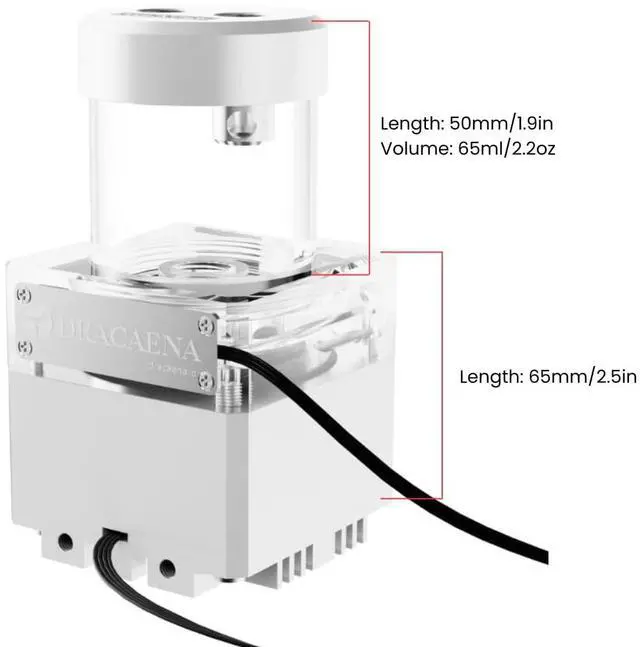 Alt view image 2 of 7 - dracaena.io High Flow 650L/H D5 PWM PC Water Pump Combo with Colorful LED Option and 65ml 50mm/1.9in Reservoir - Powerful 7W, 0.7A, White