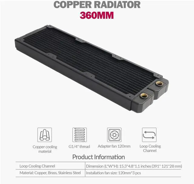 Alt view image 2 of 7 - dracaena.io 360mm - 28mm/1.1 inch Thick Computer Radiator, 14 Tubes Copper Water Cooling Cooler for CPU Heat Sink - Liquid Heat Exchanger Dual G1/4 Thread, Black