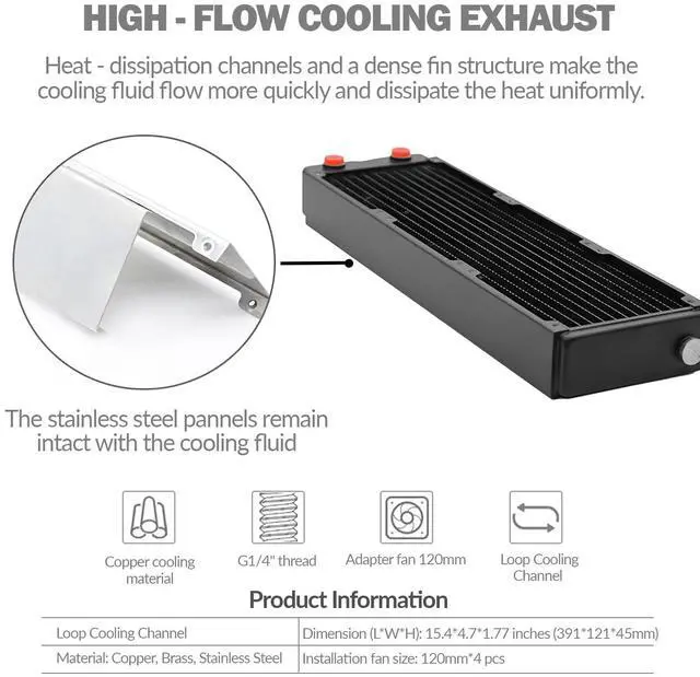 Alt view image 3 of 7 - dracaena.io 360mm - 45mm/1.77 inch Thick Computer Radiator, 12 Tubes Copper Water Cooling Cooler for CPU Heat Sink - Liquid Heat Exchanger Dual G1/4 Thread, Black