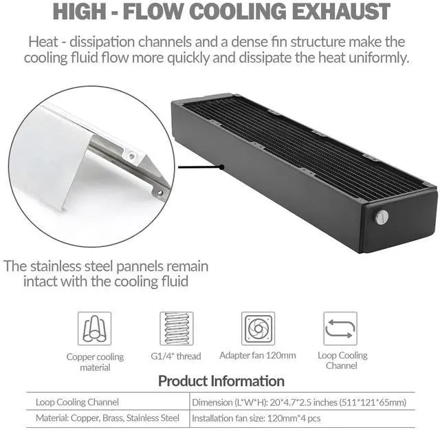 Alt view image 3 of 7 - dracaena.io 480mm - 64mm/2.51 inch Thick Computer Radiator, 12 Tubes Copper Water Cooling Cooler for CPU Heat Sink - Liquid Heat Exchanger Dual G1/4 Thread, Black