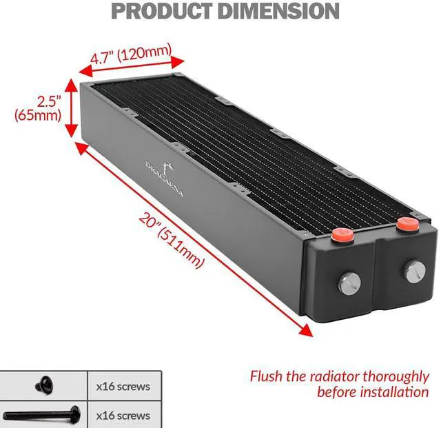 Alt view image 6 of 7 - dracaena.io 480mm - 64mm/2.51 inch Thick Computer Radiator, 12 Tubes Copper Water Cooling Cooler for CPU Heat Sink - Liquid Heat Exchanger Dual G1/4 Thread, Black