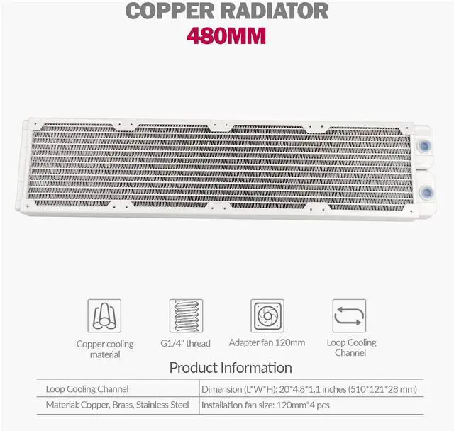Alt view image 2 of 7 - dracaena.io 480mm - 28mm/1.1 inch Thick Computer Radiator, 14 Tubes Copper Water Cooling Cooler for CPU Heat Sink - Liquid Heat Exchanger Dual G1/4 Thread, White