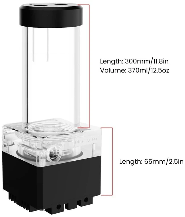 Alt view image 2 of 7 - Dracaena.io 650L/H PC Water Cooling Pump, 370ml Reservoir, 12W, G1/4, Black 3.5 meter pump head for a full custom loop · 365mm tall for full-tower builds · RGB light shows the pump is running