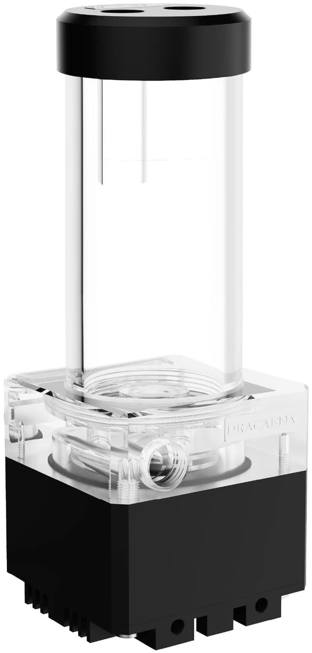 Main image of Dracaena.io 650L/H PC Water Cooling Pump, 370ml Reservoir, 12W, G1/4, Black 3.5 meter pump head for a full custom loop · 365mm tall for full-tower builds · RGB light shows the pump is running