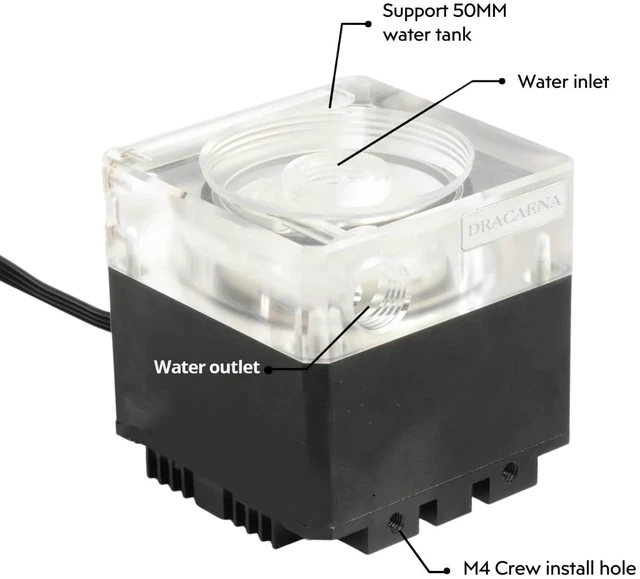 Alt view image 5 of 7 - Dracaena.io 650L/H PC Water Cooling Pump, 370ml Reservoir, 12W, G1/4, Black 3.5 meter pump head for a full custom loop · 365mm tall for full-tower builds · RGB light shows the pump is running