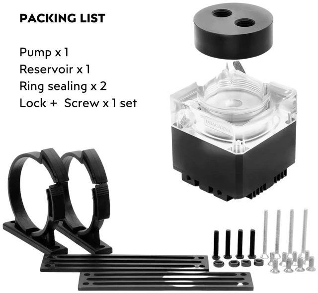 Alt view image 7 of 7 - Dracaena.io 650L/H PC Water Cooling Pump, 370ml Reservoir, 12W, G1/4, Black 3.5 meter pump head for a full custom loop · 365mm tall for full-tower builds · RGB light shows the pump is running