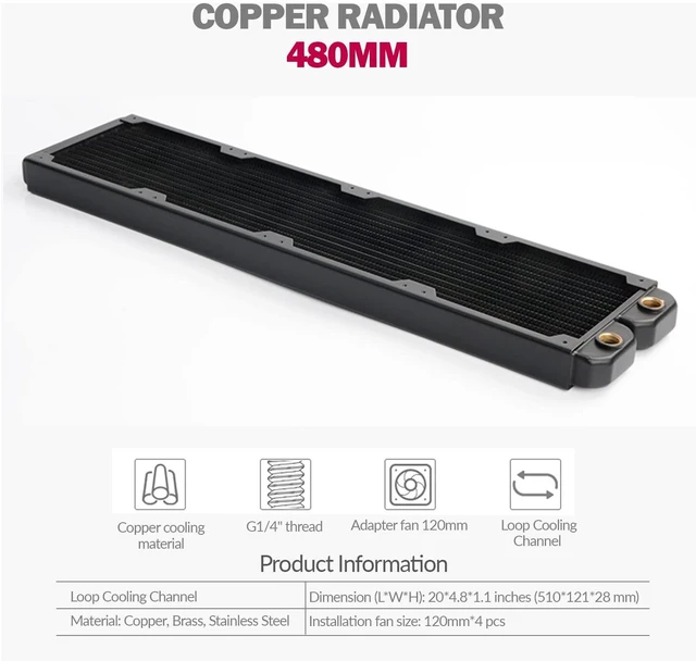 Alt view image 2 of 7 - Dracaena.io 480mm Copper Water Cooling Radiator, 29mm, 2 G1/4 Ports, Black | Copper & brass · 14 micro-channels · G1/4 · full-tower CPU+GPU · fits EK, Alphacool, Barrow, XSPC builds
