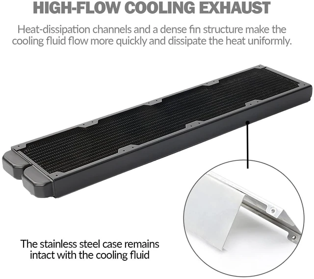Alt view image 3 of 7 - Dracaena.io 480mm Copper Water Cooling Radiator, 29mm, 2 G1/4 Ports, Black | Copper & brass · 14 micro-channels · G1/4 · full-tower CPU+GPU · fits EK, Alphacool, Barrow, XSPC builds