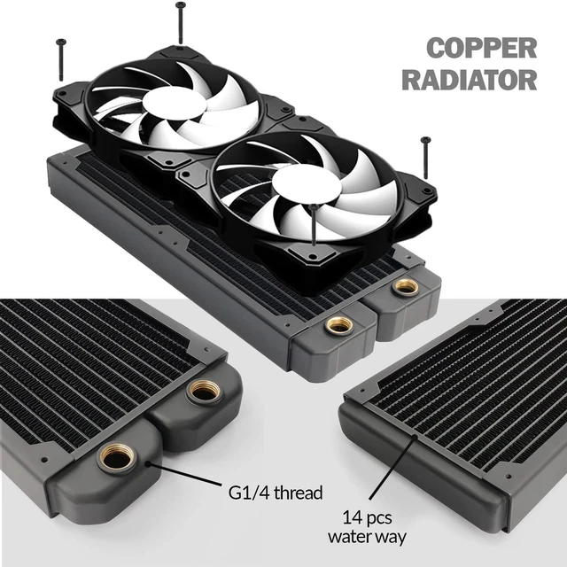 Alt view image 7 of 7 - Dracaena.io 480mm Copper Water Cooling Radiator, 29mm, 2 G1/4 Ports, Black | Copper & brass · 14 micro-channels · G1/4 · full-tower CPU+GPU · fits EK, Alphacool, Barrow, XSPC builds