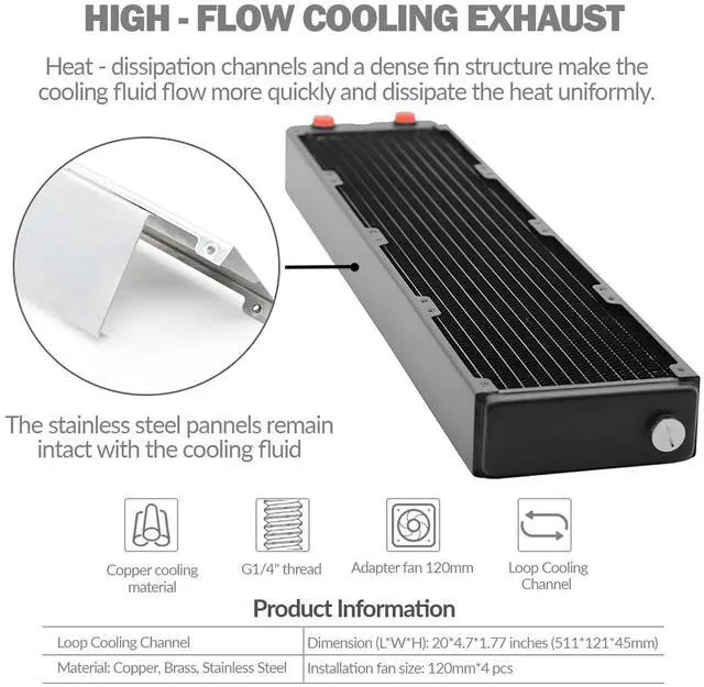 Alt view image 3 of 7 - Dracaena.io 480mm - 45mm/1.77 inch Thick Computer Radiator, 12 Tubes Copper Water Cooling Cooler for CPU Heat Sink - Liquid Heat Exchanger Dual G1/4 Thread, Black