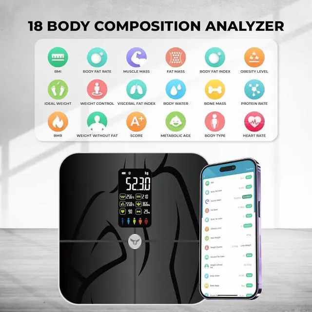 Alt view image 2 of 6 - Osprey.life Smart Scale for Body Weight and Fat, Bathroom Scales 18 Body Composition Analyzer Sync to App, 4'7" Digital Display, High Accurate Body Scale for BMI, Heart Rate, Muscle Rate, 400lbs,Black
