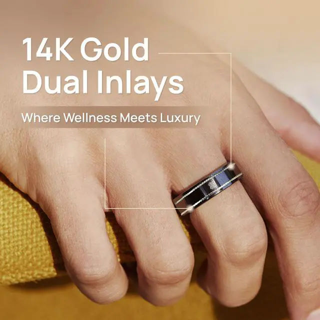 Alt view image 2 of 7 - Pachira Smart Ring, Dual 14K Gold Inlays, Fitness/Sleep/Stress/Heart Rate/ SpO2 Tracker, No App Subscription, Waterproof, 7-Day Battery Life, 170+ Sports Modes, iOS & Android Compatible, Black (11)