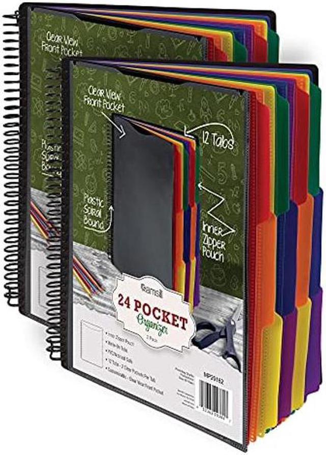 Samsill 2 Pack Deluxe 24 Pocket Spiral Project Organizer with 12 Dividers,  Zipper Pouch, Customizable Front Cover, Erasable Write On Tabs in Assorted  Colors, Plastic Folders with Pockets 