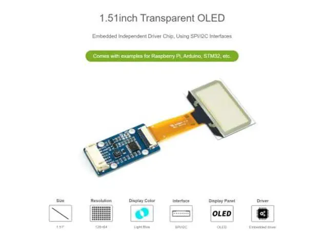 Alt view image 2 of 5 - 1.51inch Transparent OLED Display Module 128x64 Resolution Light Blue Color Display OLED for Raspberry Pi/Arduino/STM32,Full Viewing Angle,Embedded Independent Driver Chip,SPI/I2C Interfaces
