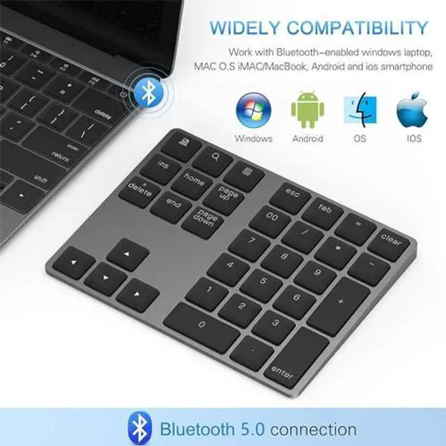 Alt view image 2 of 5 - Bluetooth Number Pad, Lekvey Aluminum Rechargeable Wireless Numeric Keypad Slim 34-Keys External Numpad Keyboard Data Entry Compatible for Macbook, MacBook Air/Pro, iMac Windows Laptop Surface Pro etc