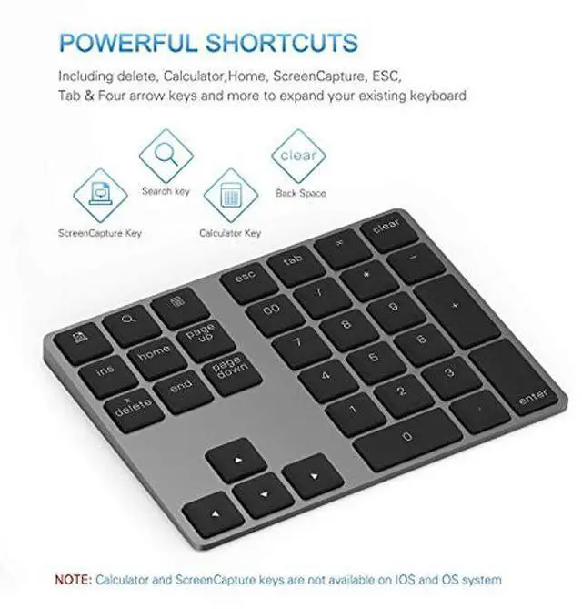 Alt view image 4 of 5 - Bluetooth Number Pad, Lekvey Aluminum Rechargeable Wireless Numeric Keypad Slim 34-Keys External Numpad Keyboard Data Entry Compatible for Macbook, MacBook Air/Pro, iMac Windows Laptop Surface Pro etc
