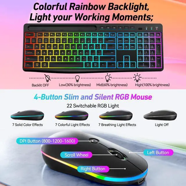 Alt view image 4 of 5 - Wireless Keyboard and Mouse Combo with Backlit,2.4Ghz Rechargeable Light Up Keyboard Mouse with Phone Tablet Holder,11 Shortcut Keys,Silent 22 RGB Backlit Mouse,Quiet Click for Computer,PC,Mac,Windows