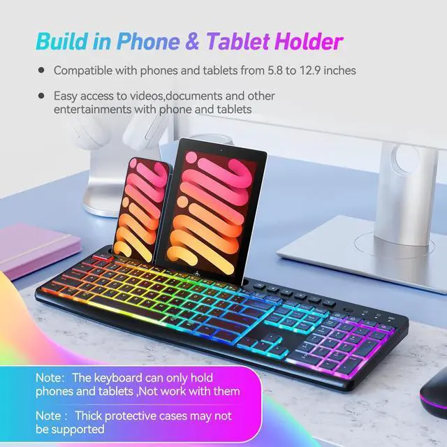 Alt view image 3 of 5 - Wireless Keyboard and Mouse Combo with Backlit,2.4Ghz Rechargeable Light Up Keyboard Mouse with Phone Tablet Holder,11 Shortcut Keys,Silent 22 RGB Backlit Mouse,Quiet Click for Computer,PC,Mac,Windows
