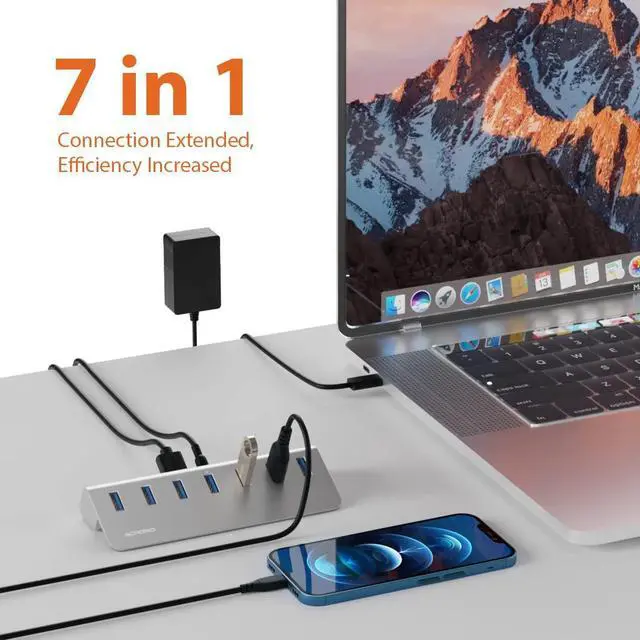 Alt view image 2 of 4 - Achoro 7 Ports Powered USB HUB - 2nd Generation 10GB Super Speed External USB Port - USB 3.2 Aluminium USB Hub for Computer, Mac, PCs, Smartphone & Tablets - Computer Multiple USB Hub (POWERED SILVER)