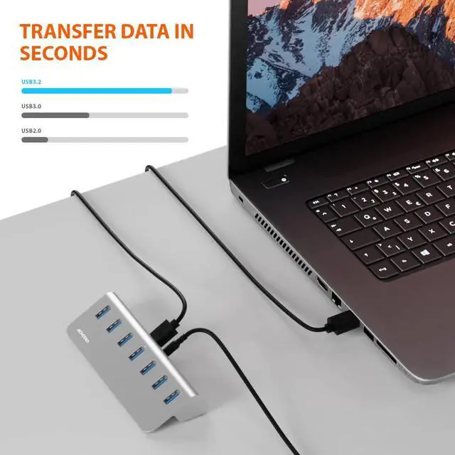 Alt view image 3 of 4 - Achoro 7 Ports Powered USB HUB - 2nd Generation 10GB Super Speed External USB Port - USB 3.2 Aluminium USB Hub for Computer, Mac, PCs, Smartphone & Tablets - Computer Multiple USB Hub (POWERED SILVER)