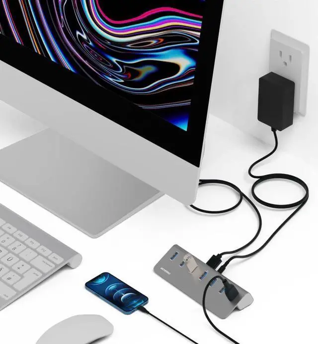Alt view image 4 of 4 - Achoro 7 Ports Powered USB HUB - 2nd Generation 10GB Super Speed External USB Port - USB 3.2 Aluminium USB Hub for Computer, Mac, PCs, Smartphone & Tablets - Computer Multiple USB Hub (POWERED SILVER)
