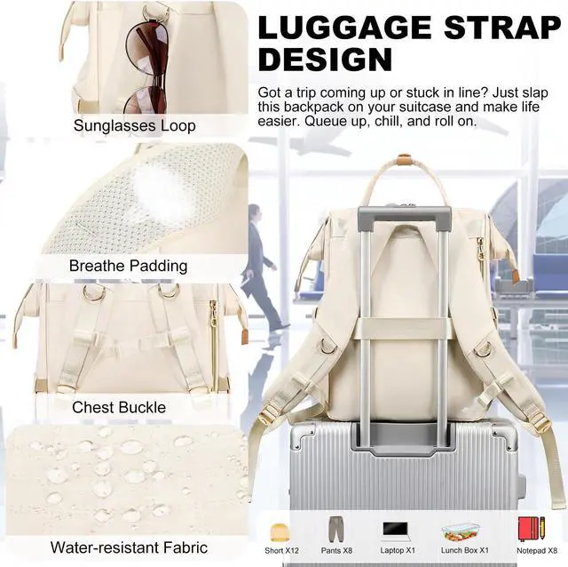 Alt view image 4 of 5 - AIJIEKE Backpack for Women with Insulated Lunch Bag Backpack Set, Large Capacity 15.6 inch Laptop Backpack, Travel Nurse Teacher Commuter Work Backpack, Book Bag, Beige