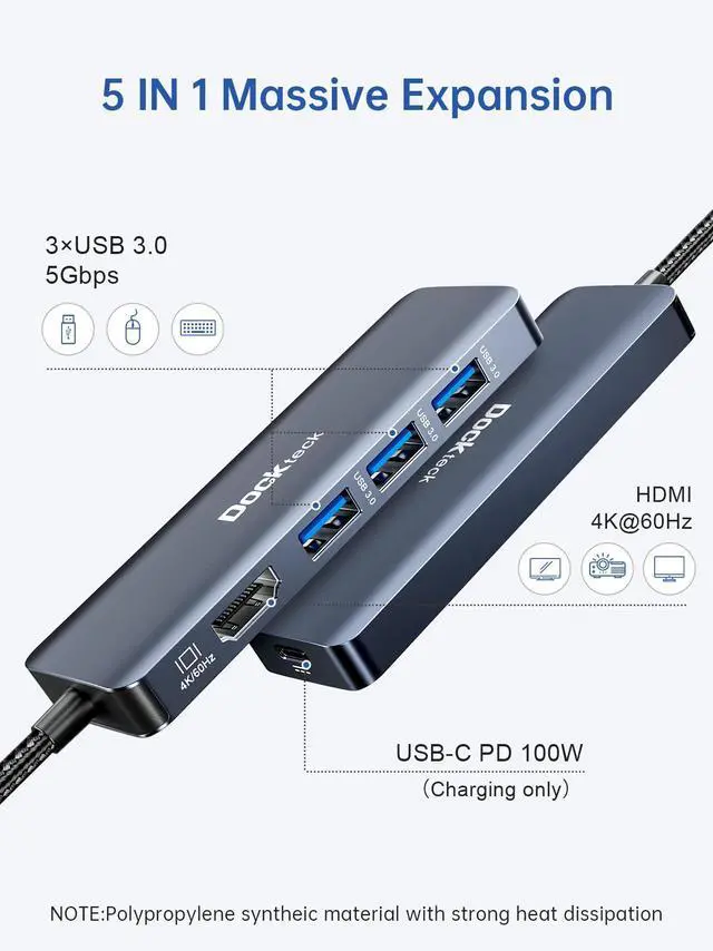 Alt view image 2 of 5 - Dockteck USB-C Hub Adapter - 5 in 1 with HDMI 4K 60Hz, 3 USB 3.0 and 100W PD for MacBook Air/Pro M1/M2, iPad Pro/Air, Steam Deck, Surface Pro 8