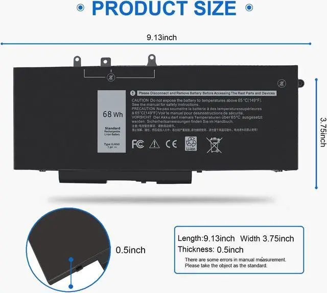 Alt view image 3 of 5 - GJKNX Type 68Wh Laptop Battery Compatible with Dell Latitude 5280 5288 5590 5580 E5580 E5490 P60F P72G001 P72G002 Precision 15 3520 3530, Replacement for 0GD1JP 451-BBZG 5YHR4 DY9NT 7.6V 4-Cell