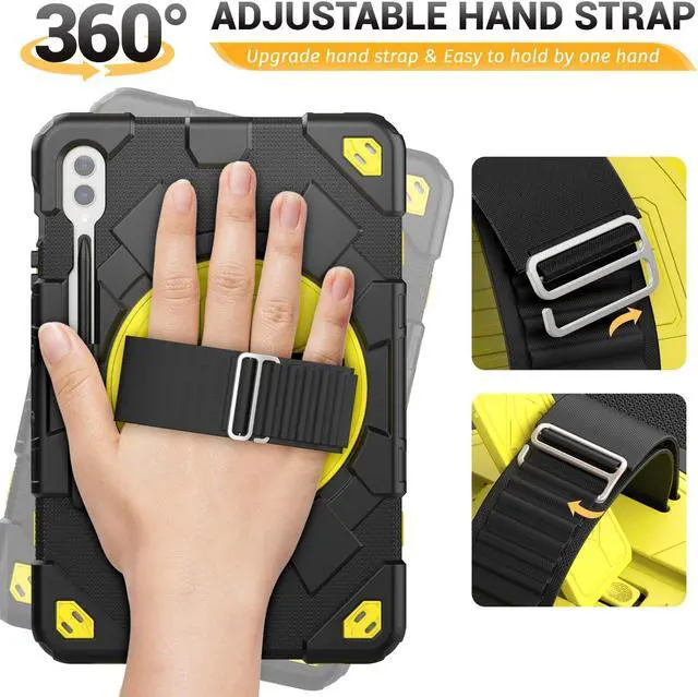 Alt view image 4 of 5 - HXCASEAC Case for Samsung Galaxy Tab S10+ Plus / S9 Fe+ / S9+ 5G 12.4 inch Protective with Screen Protector/S Pen Holder/ 360 Rotating Stand Hand Strap - Yellow