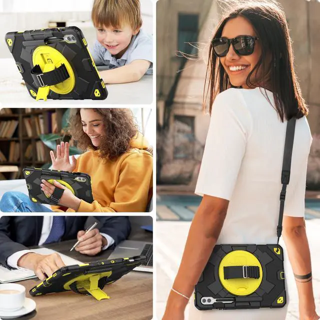 Alt view image 3 of 5 - HXCASEAC Case for Samsung Galaxy Tab S10+ Plus / S9 Fe+ / S9+ 5G 12.4 inch Protective with Screen Protector/S Pen Holder/ 360 Rotating Stand Hand Strap - Yellow