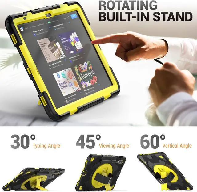 Alt view image 5 of 5 - HXCASEAC Case for Samsung Galaxy Tab S10+ Plus / S9 Fe+ / S9+ 5G 12.4 inch Protective with Screen Protector/S Pen Holder/ 360 Rotating Stand Hand Strap - Yellow